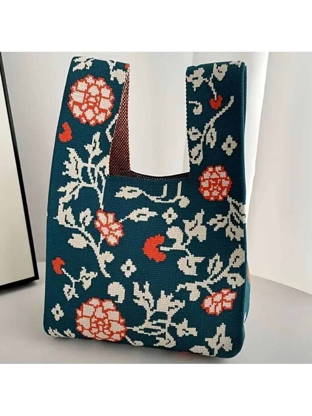 Heavy Woven Knit Floral Pattern Tote Purse Bag Japanese Knot Closure Style